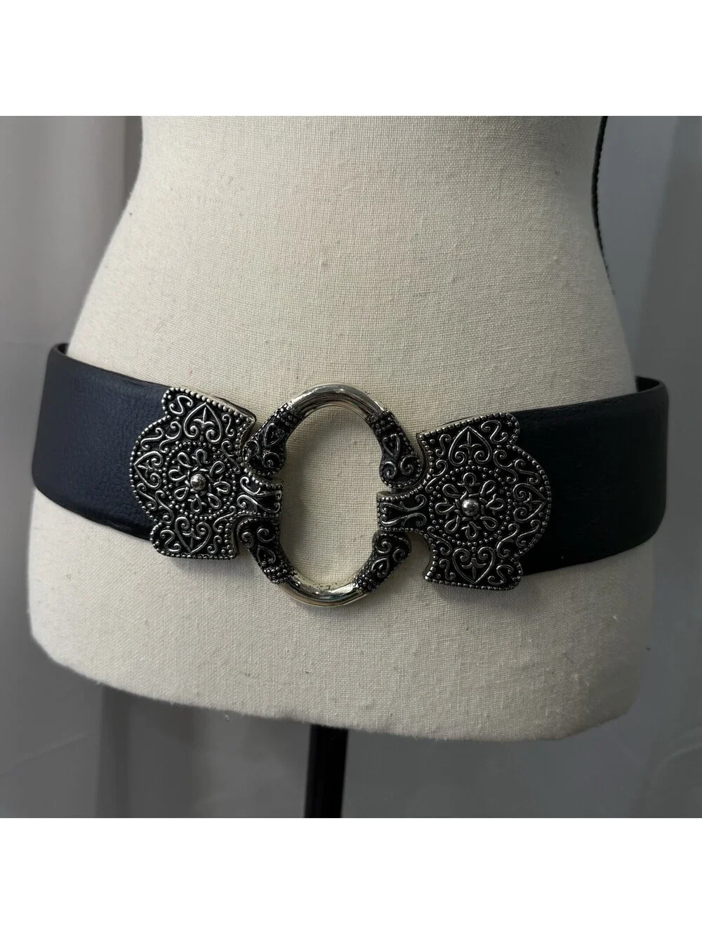 CHICOS Black Leather Mandala Silver Gold Hook Buckle Belt S/M Boho Western Wide